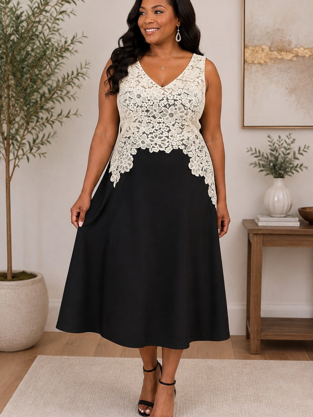 Black Ivory Floral Lace Overlay A Line Midi Dress Plus 14W